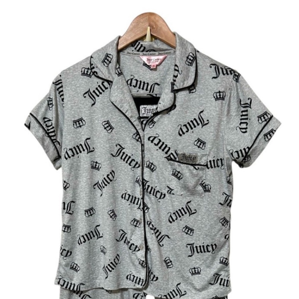 Juicy Couture crown print black and grey pj button up shirt